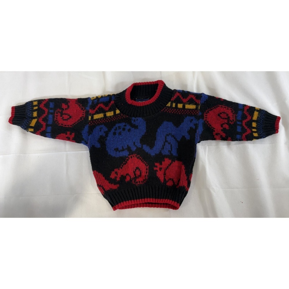 Vintage Honors Brand Colorful Dinosaurs Black Sweater Red Blue Boys 12 Months